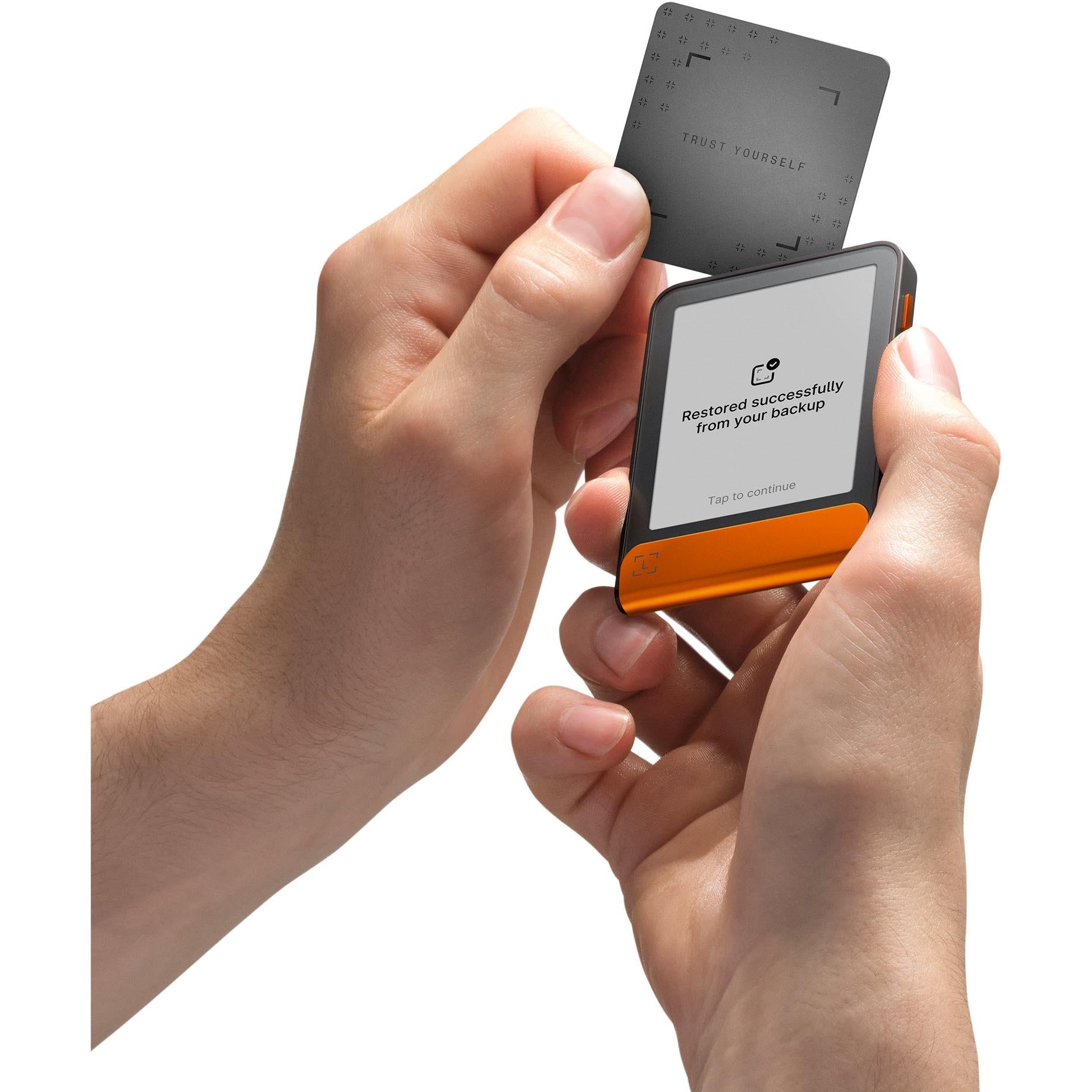 Ledger Flex wallet with hands inserting a card, orange bottom