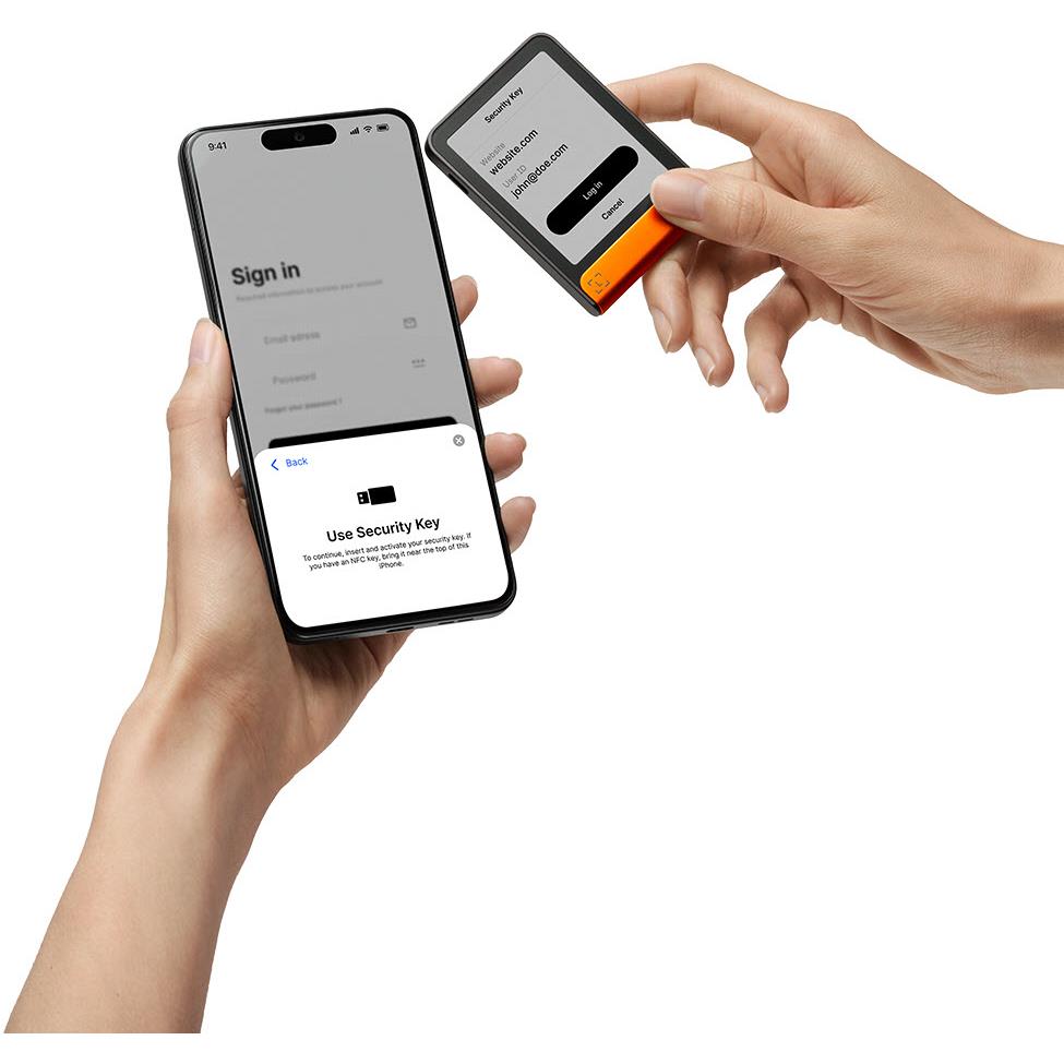 Ledger Flex wallet with phone displaying sign-in and security key instructions