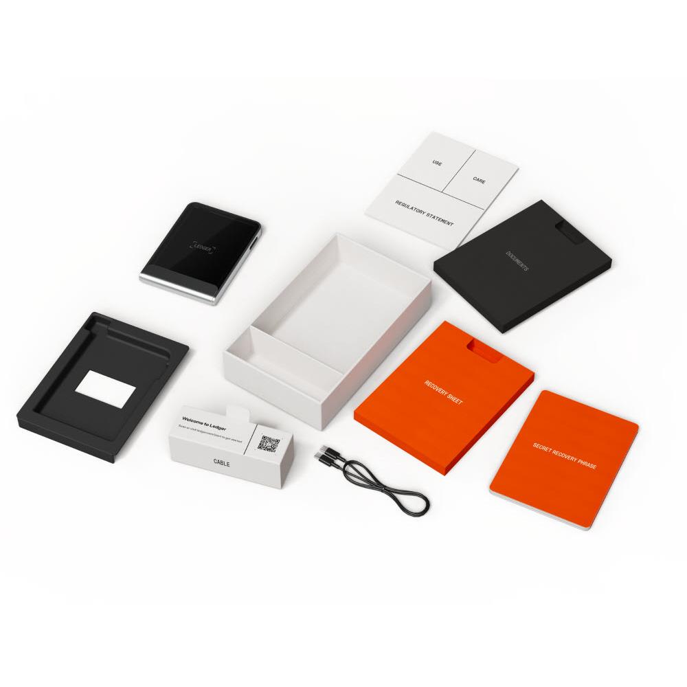Ledger Flex wallet kit with orange wallet pieces, cards, and accessory box