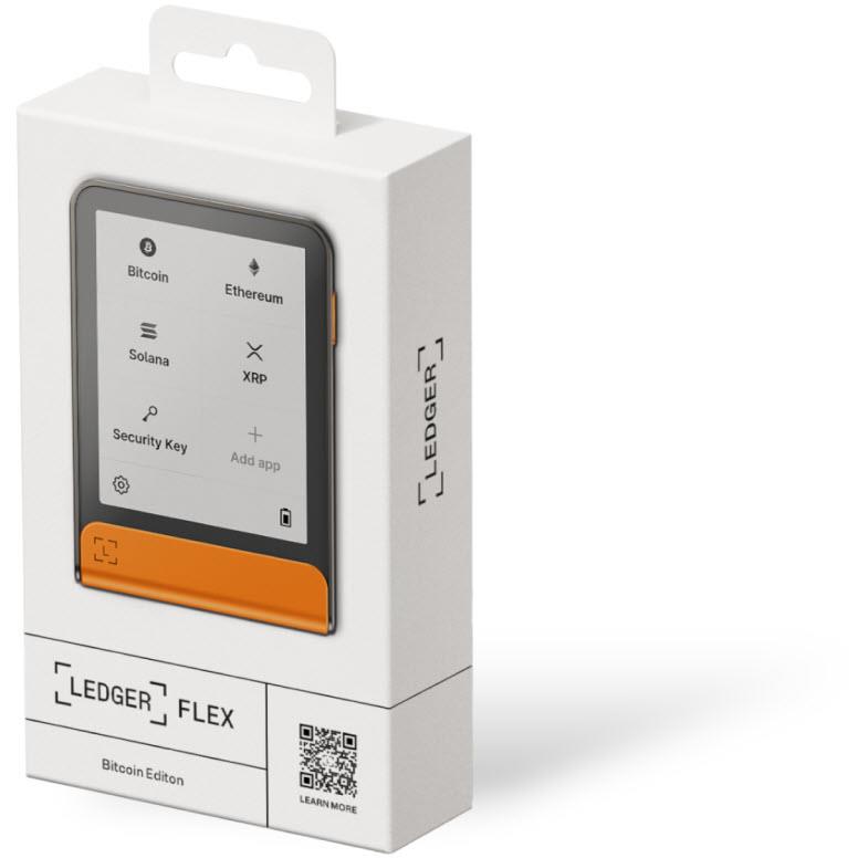 Ledger Flex crypto cold storage wallet retail box with screen mockup and QR code