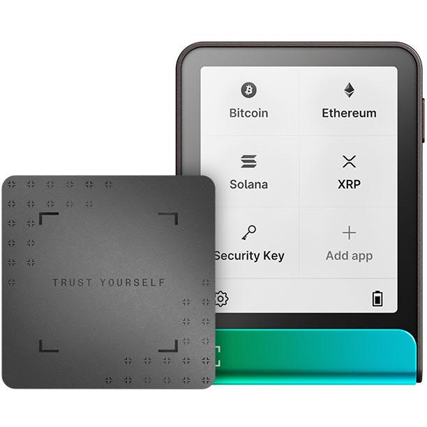 Crypto cold storage wallet with app screen, teal base, and security key card