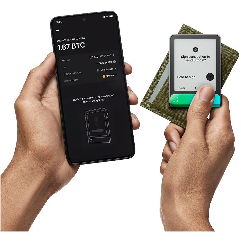 Phone app and cold storage wallet signing screen with teal bottom bar