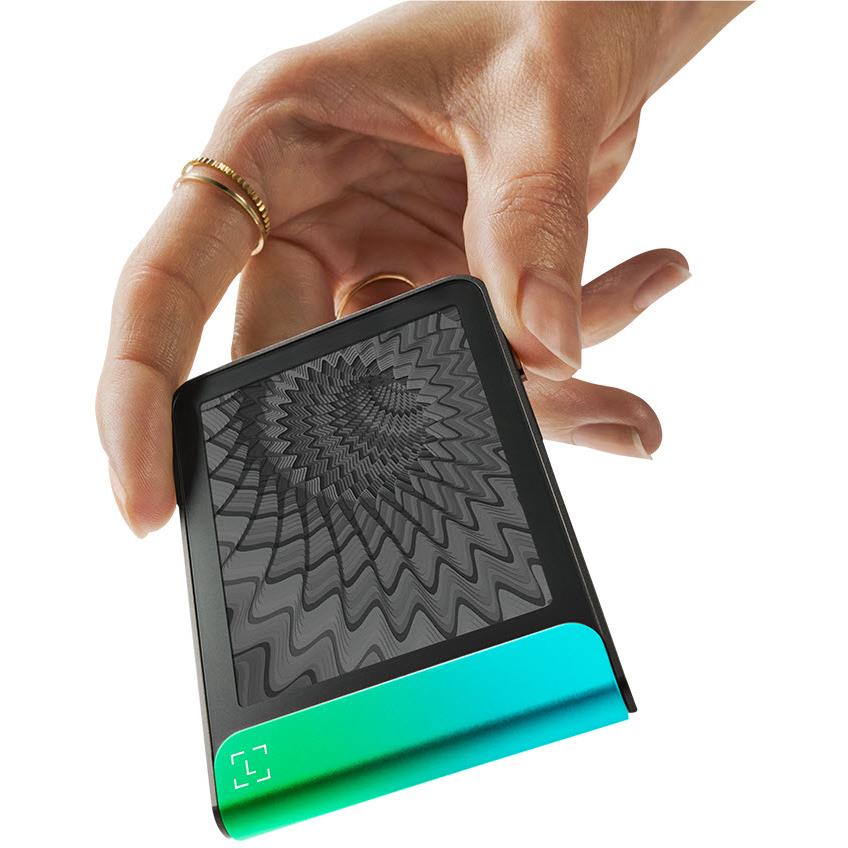 Cold storage wallet with textured black back and teal edge highlight