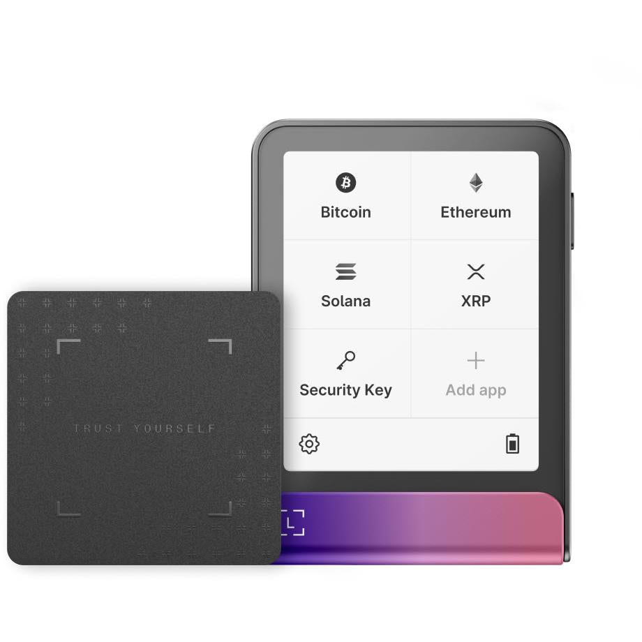 Hardware wallet with screen showing crypto apps, dark body and magenta base
