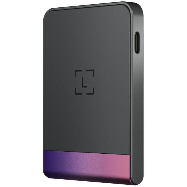 Hardware wallet back panel with geometric mark, dark body and magenta edge
