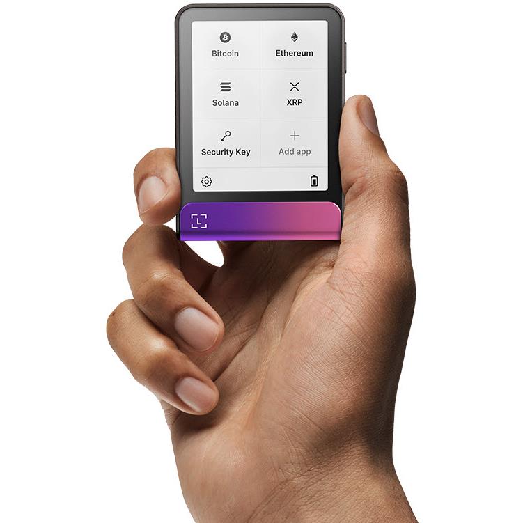 Hardware wallet front screen with crypto icons, dark case and magenta bottom, held