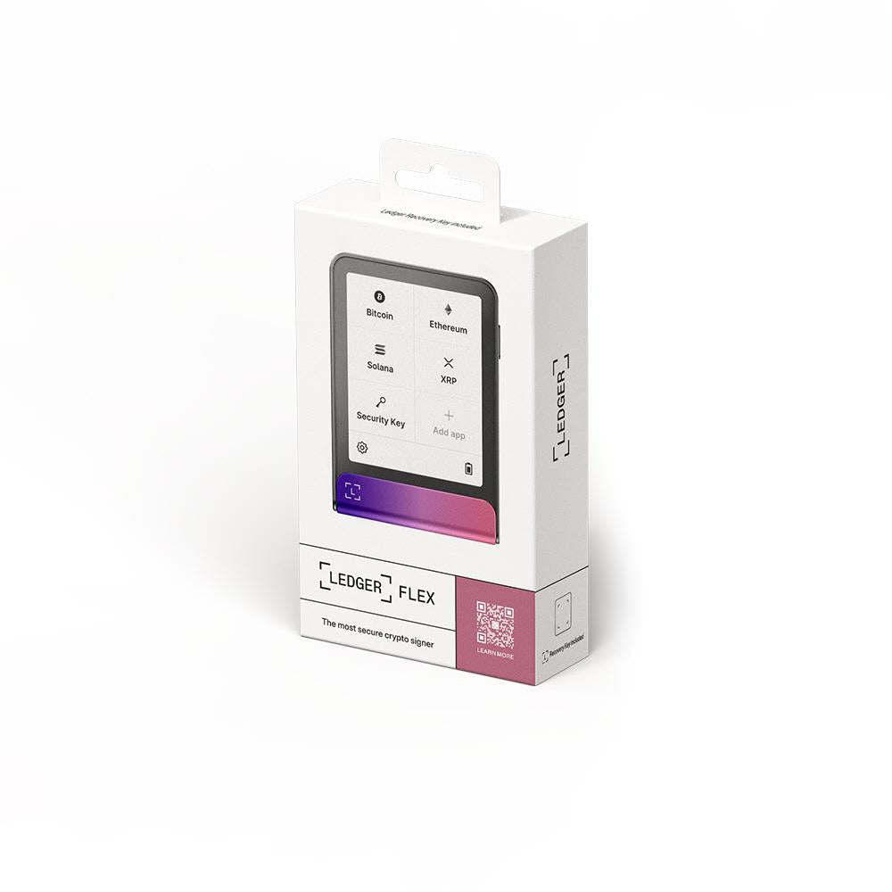 Ledger Flex hardware wallet retail box with device image and magenta base