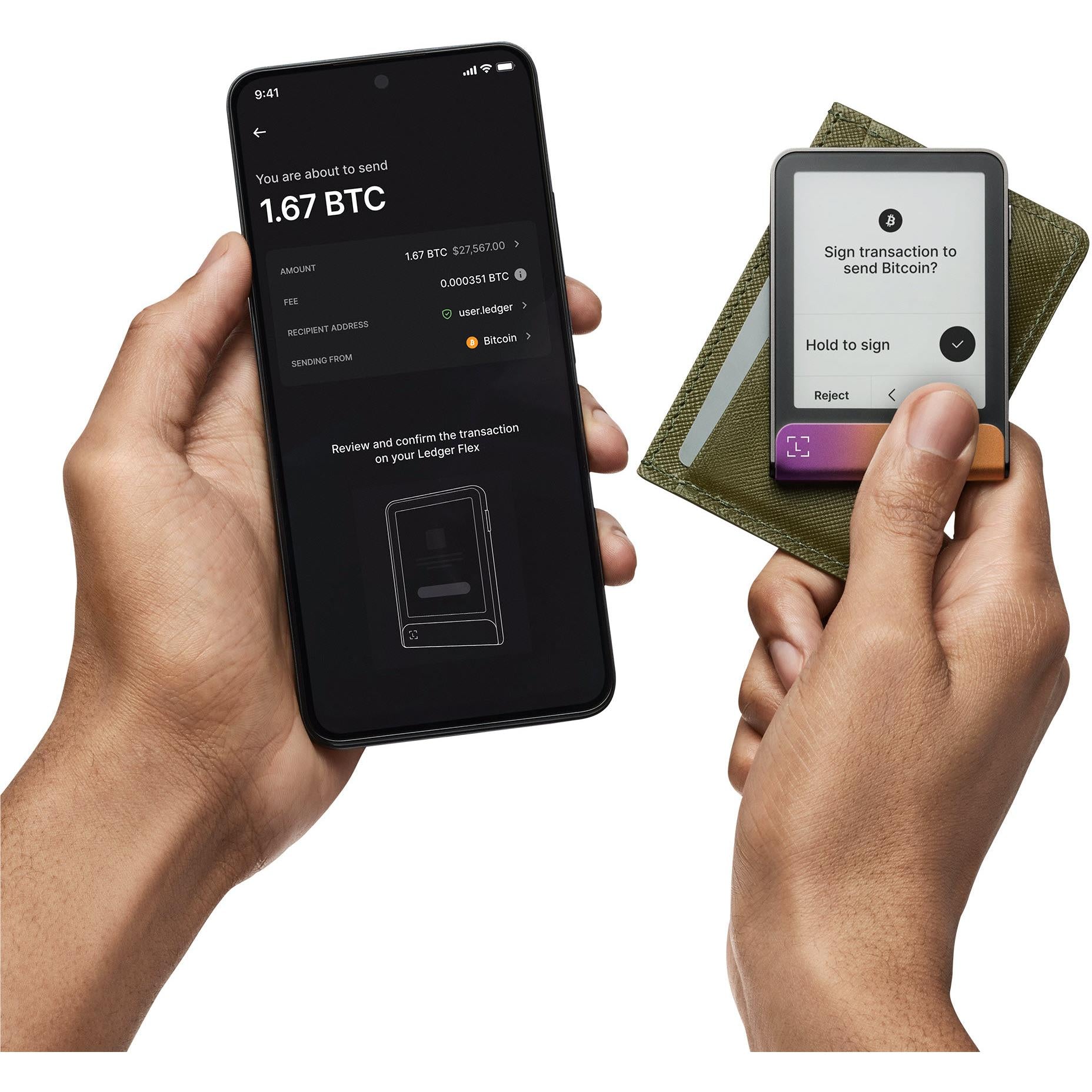 Ledger Flex cold storage wallet showing sign prompt while phone displays a BTC transfer