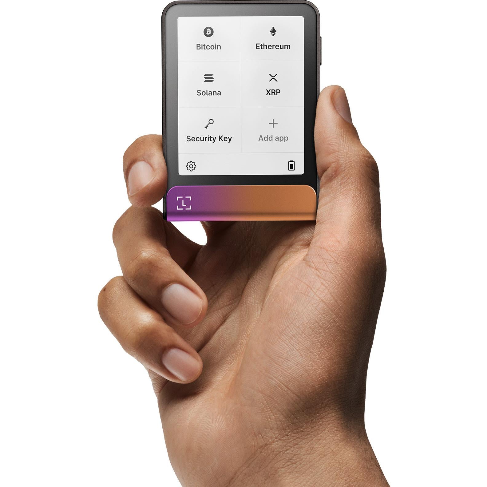 Ledger Flex cold storage wallet front screen with app icons, held in a hand