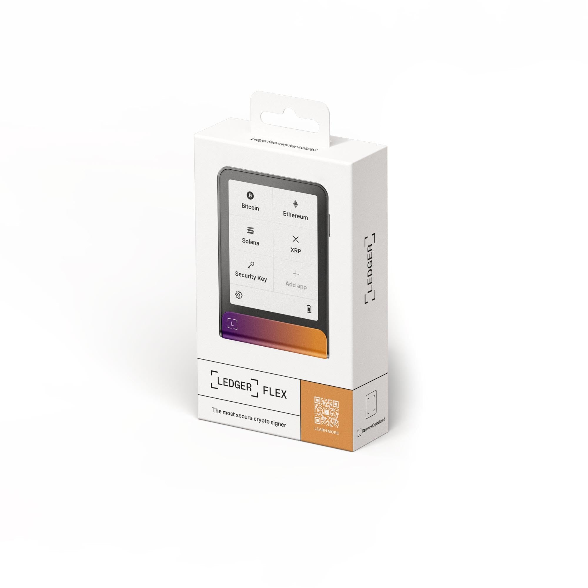 Ledger Flex cold storage wallet retail box packaging with wallet front and gradient base