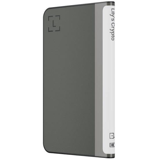 Graphite hardware wallet side view with stainless edge and vertical buttons