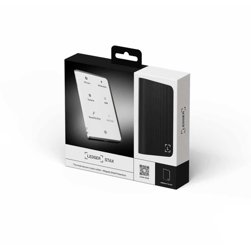 Ledger Stax hardware wallet retail box packaging with device and branding on fronts