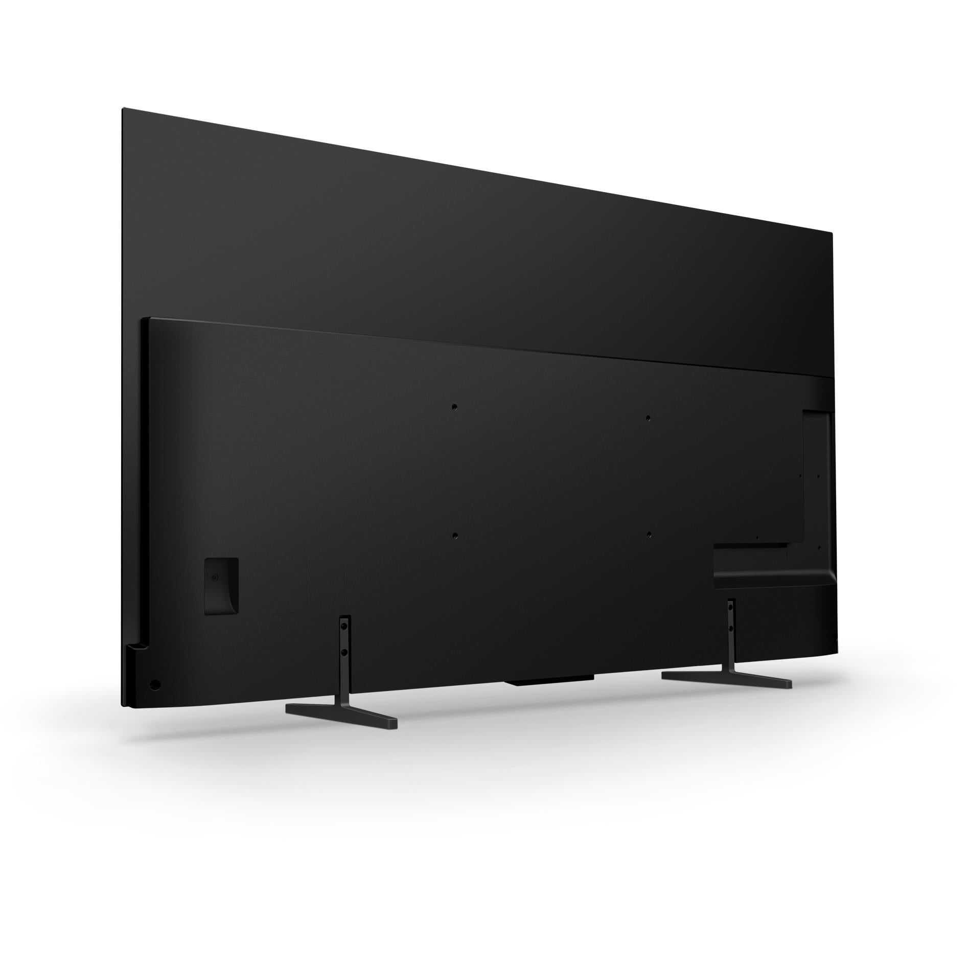 Black OLED television rear view with stand feet and port area