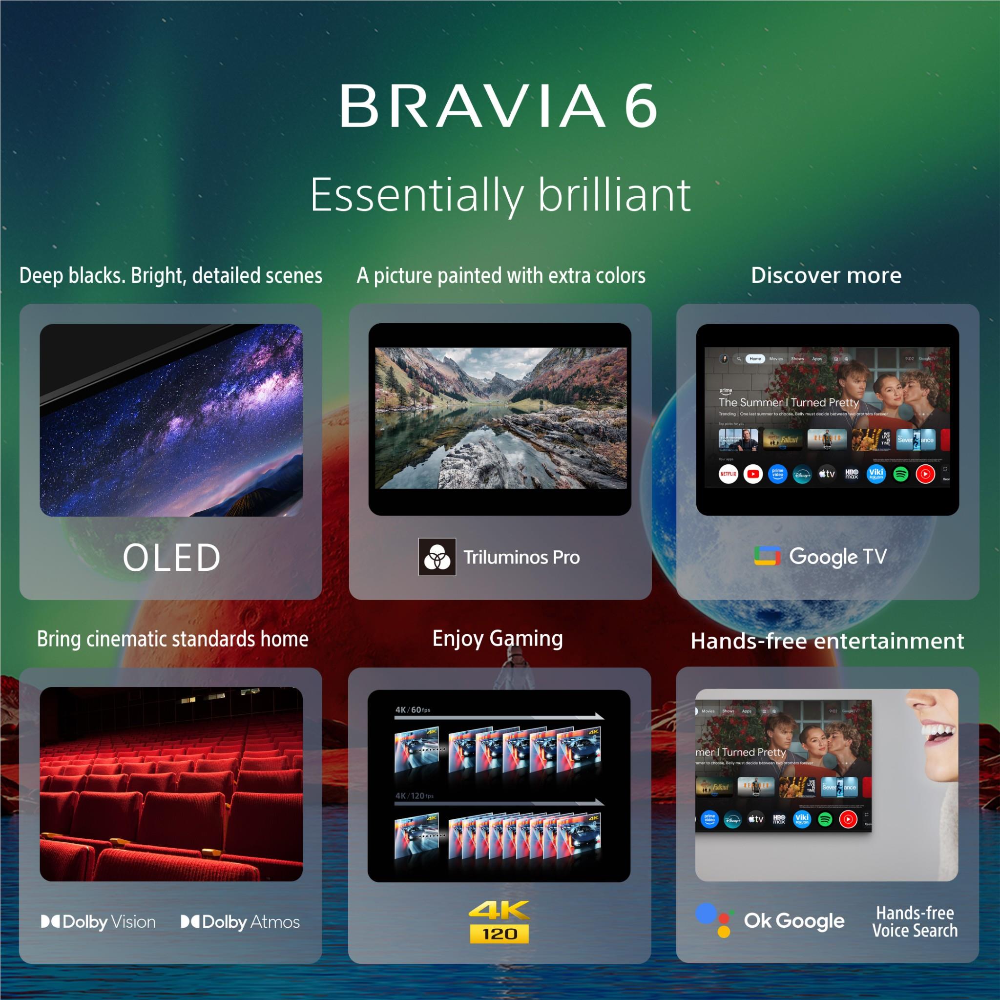 OLED TV feature promo graphic with three preview tiles and BRAVIA 6 heading