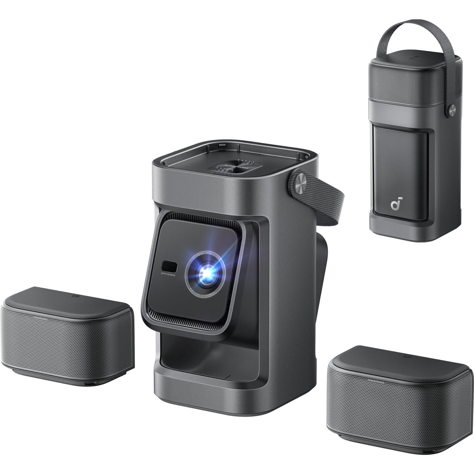 Portable full HD projector with gray detachable speakers and tabletop dock