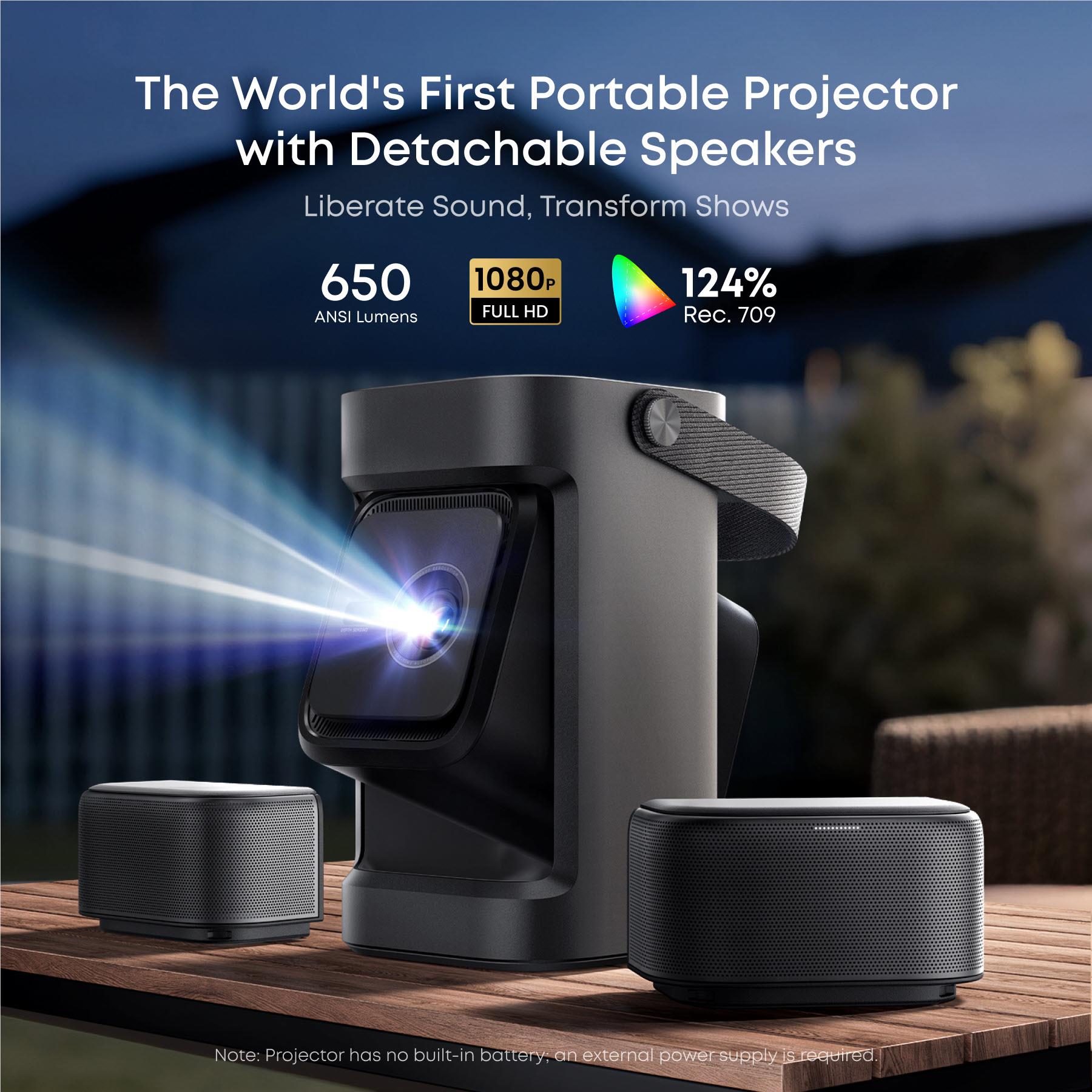 Portable projector with detachable speakers and bright lens light, gray