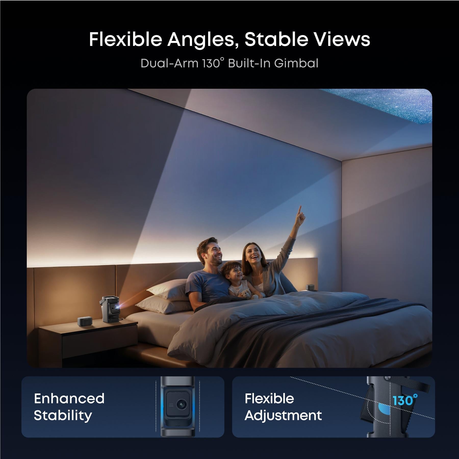 Portable projector with detachable speakers and dual-arm adjustable stand