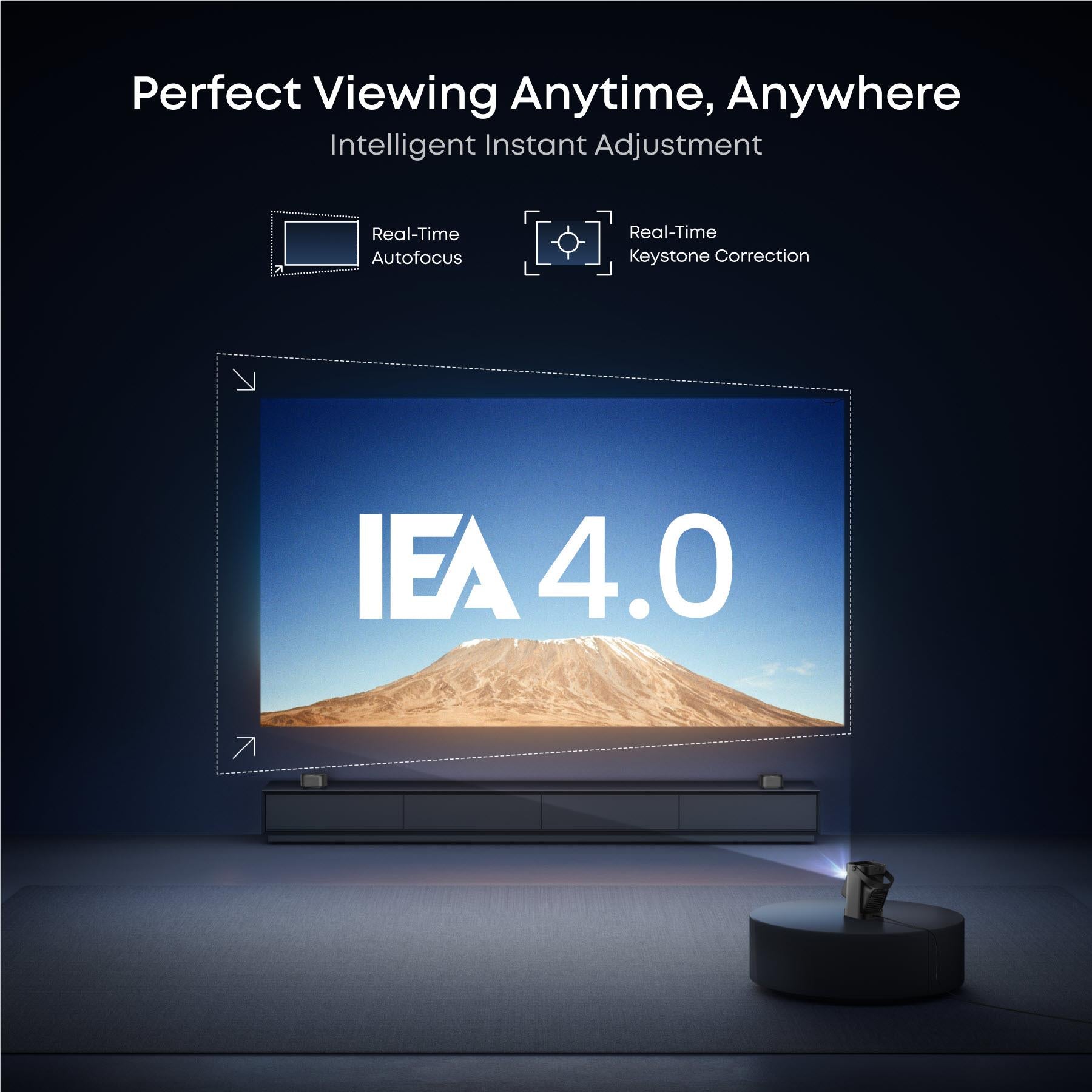 Portable projector with detachable speaker, projecting onto a large screen