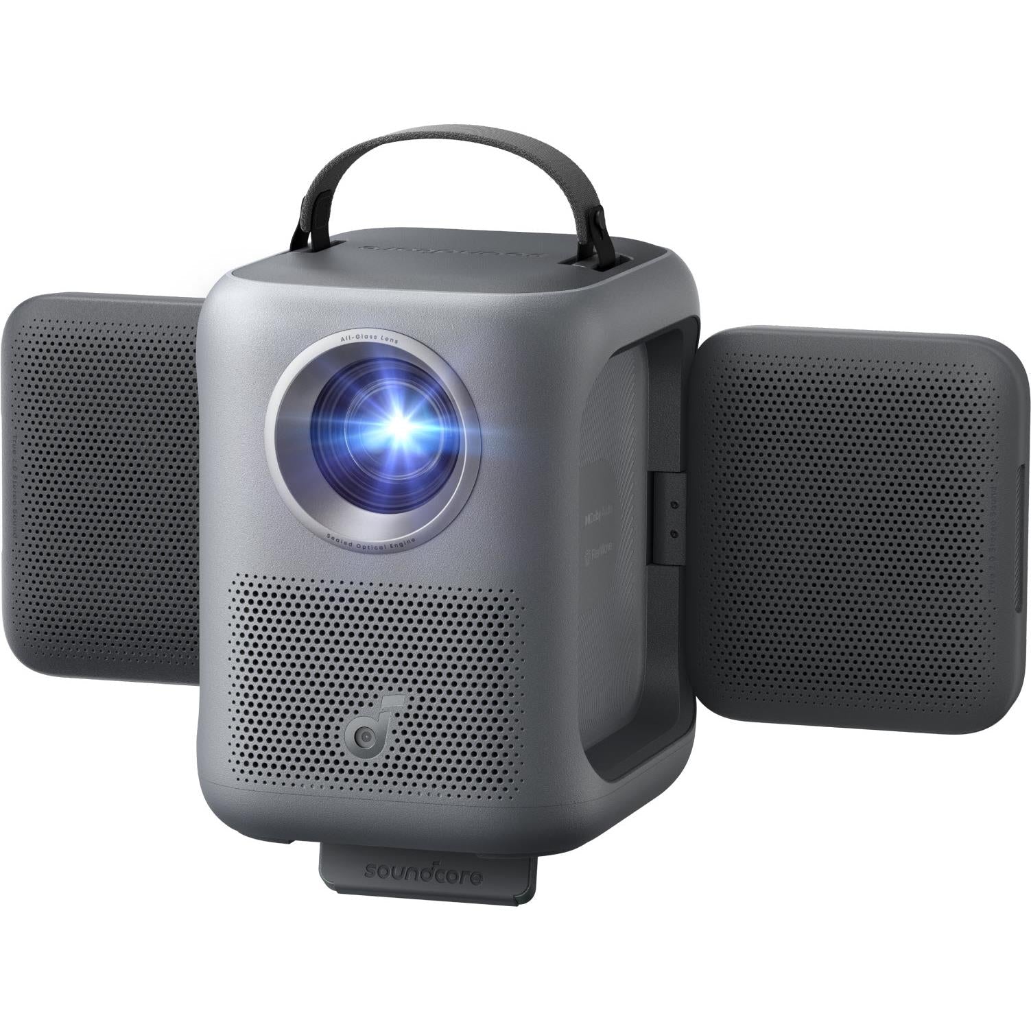 Gray portable laser smart projector with front lens and flip-out side speakers open