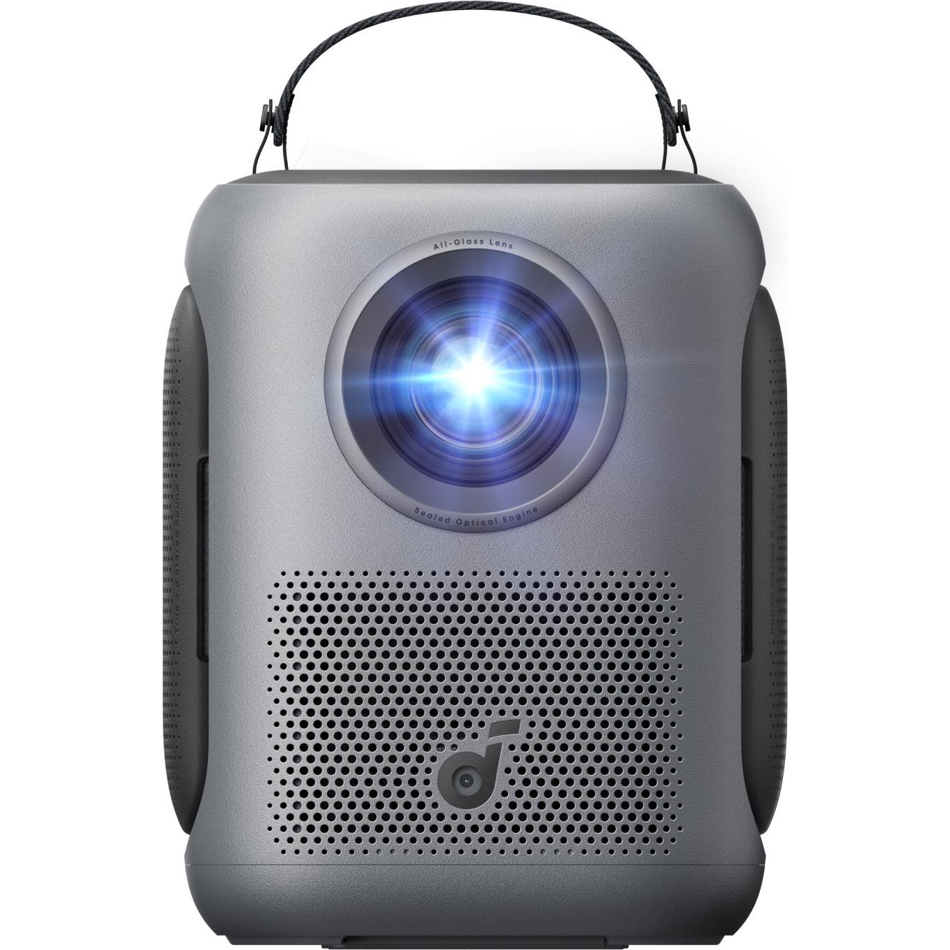 Front view of gray smart projector with central lens and speaker grille on sides