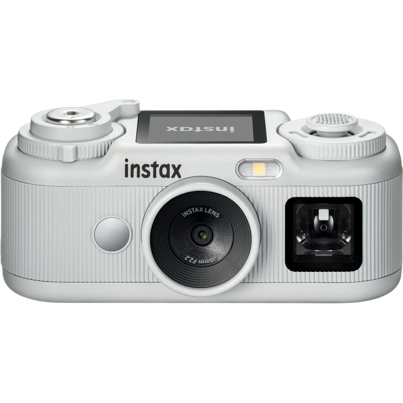 White instax pocket instant camera with lens, viewfinder screen, and flash