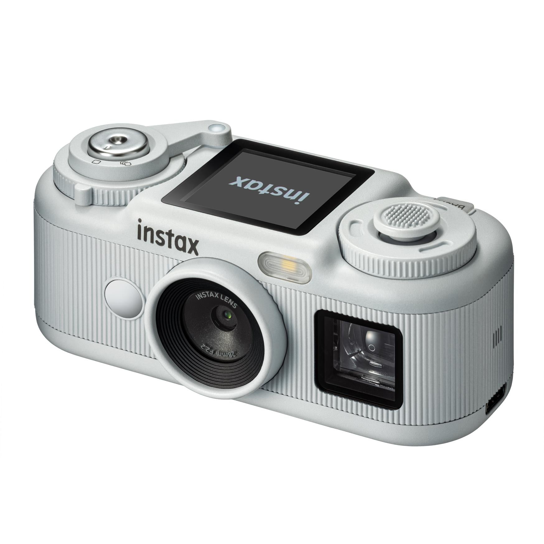 White instax pocket instant camera angled view with lens and built-in flash