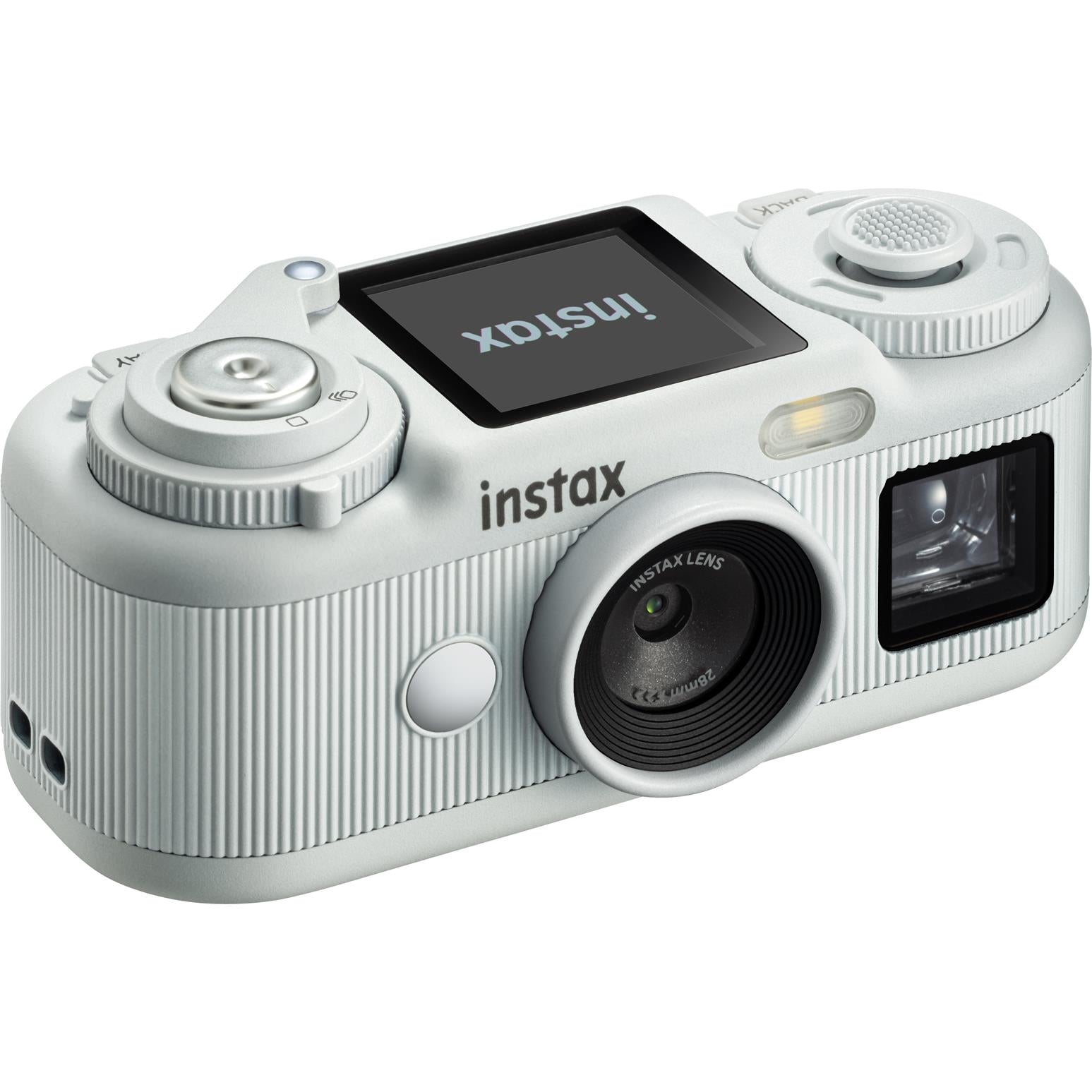 White instax pocket instant camera with LCD screen and lens in top/front view