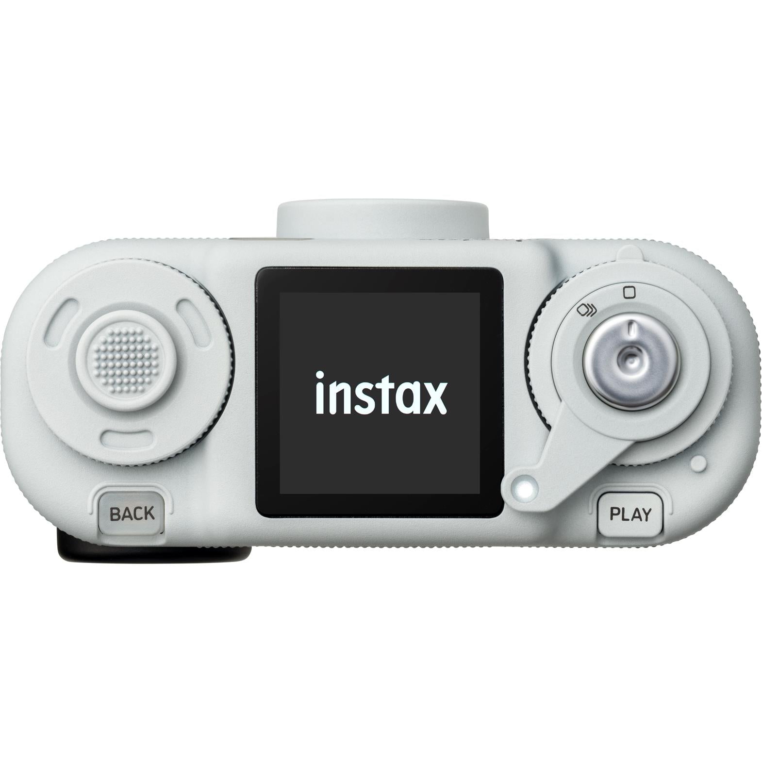 White instax pocket instant camera back with LCD screen and PLAY/BACK buttons