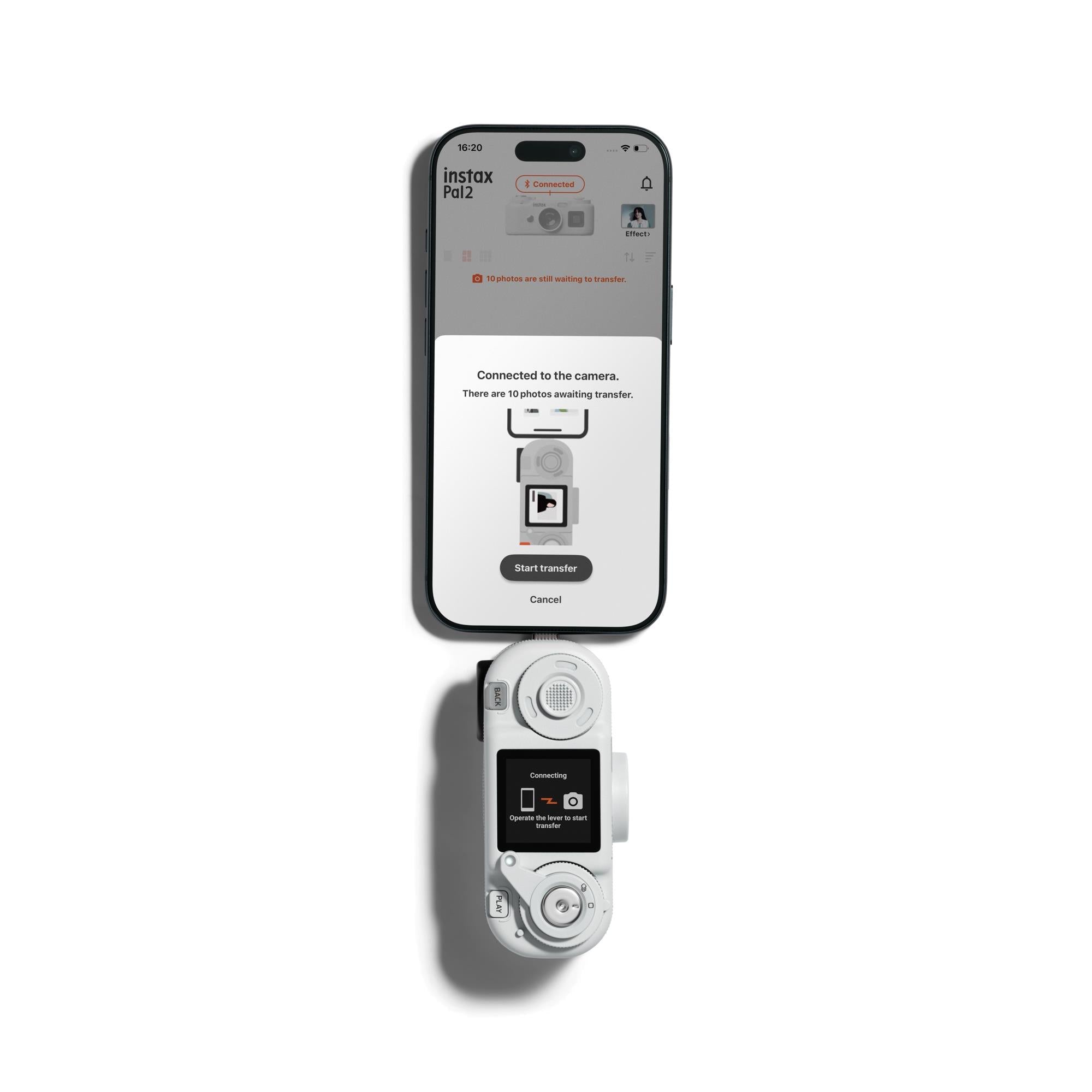 White instax pocket instant camera with smartphone showing connected and Start transfer