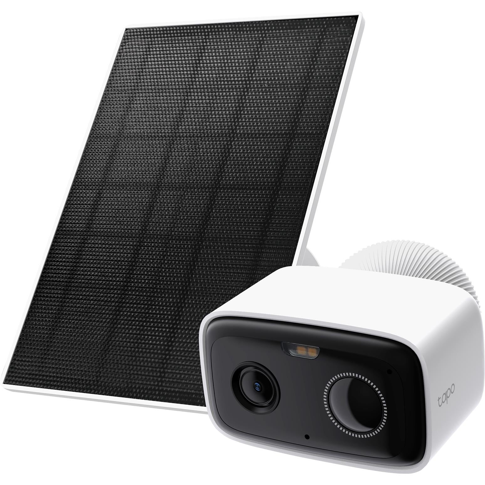 Solar-powered wire-free security camera kit with white camera housing and black solar panel