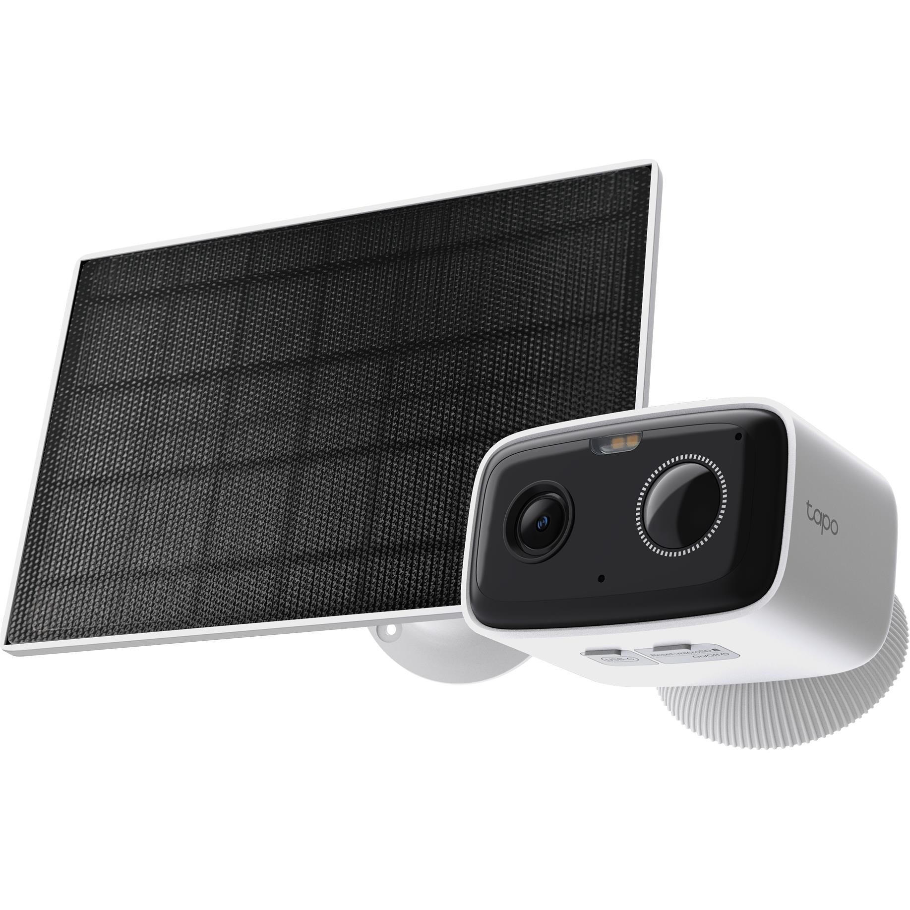 Wire-free security camera with adjustable lens and black solar panel with white frame