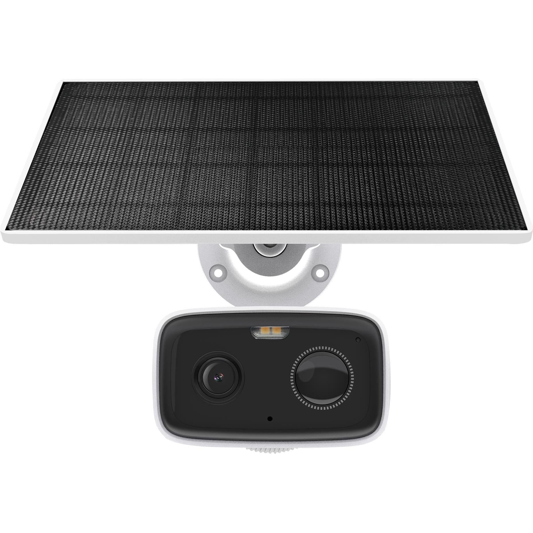 Solar panel and wire-free security camera mounted bracket in white and dark housing