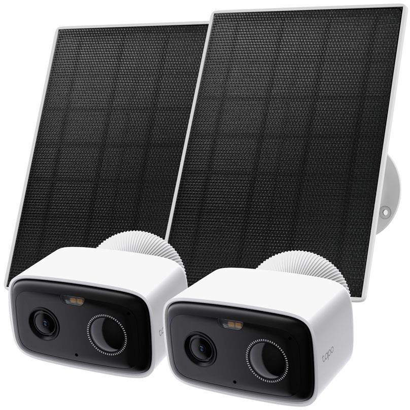 Two white solar security cameras with black lenses and fold-out solar panels