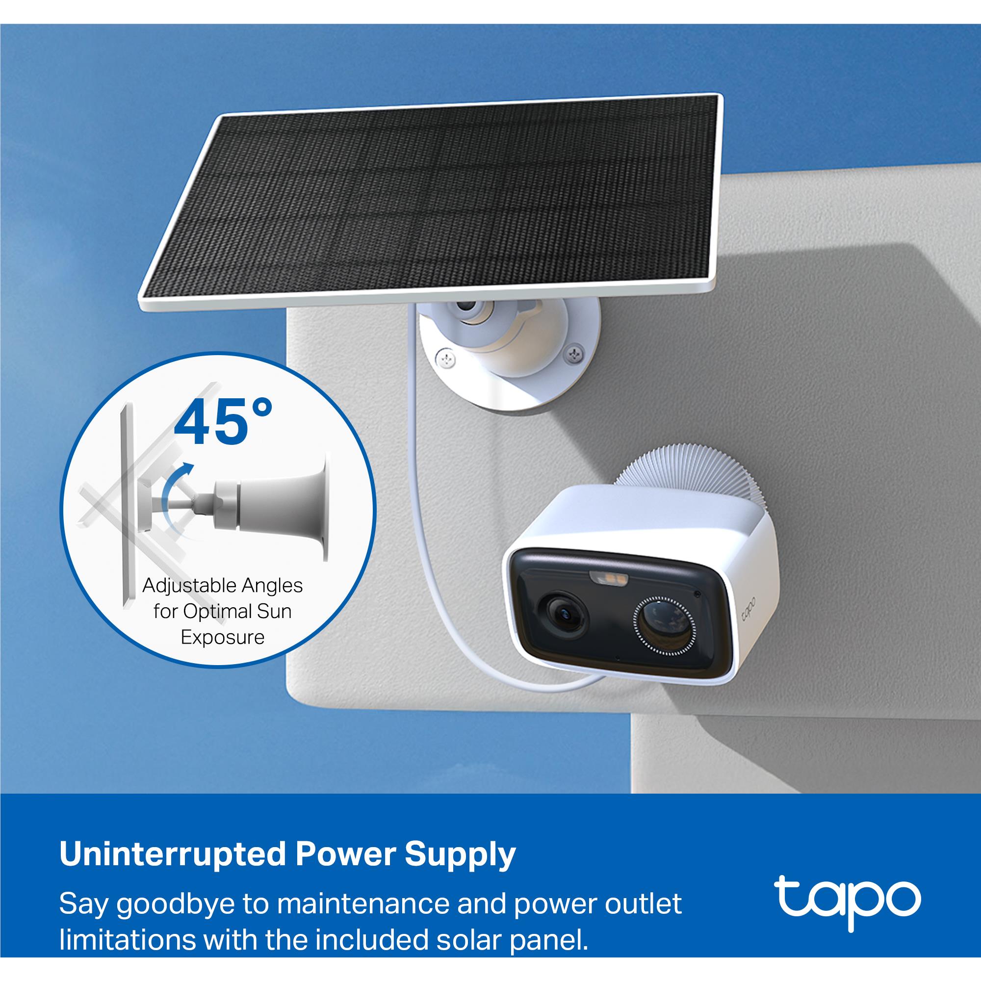 White outdoor solar security camera with solar panel mounted on a wall