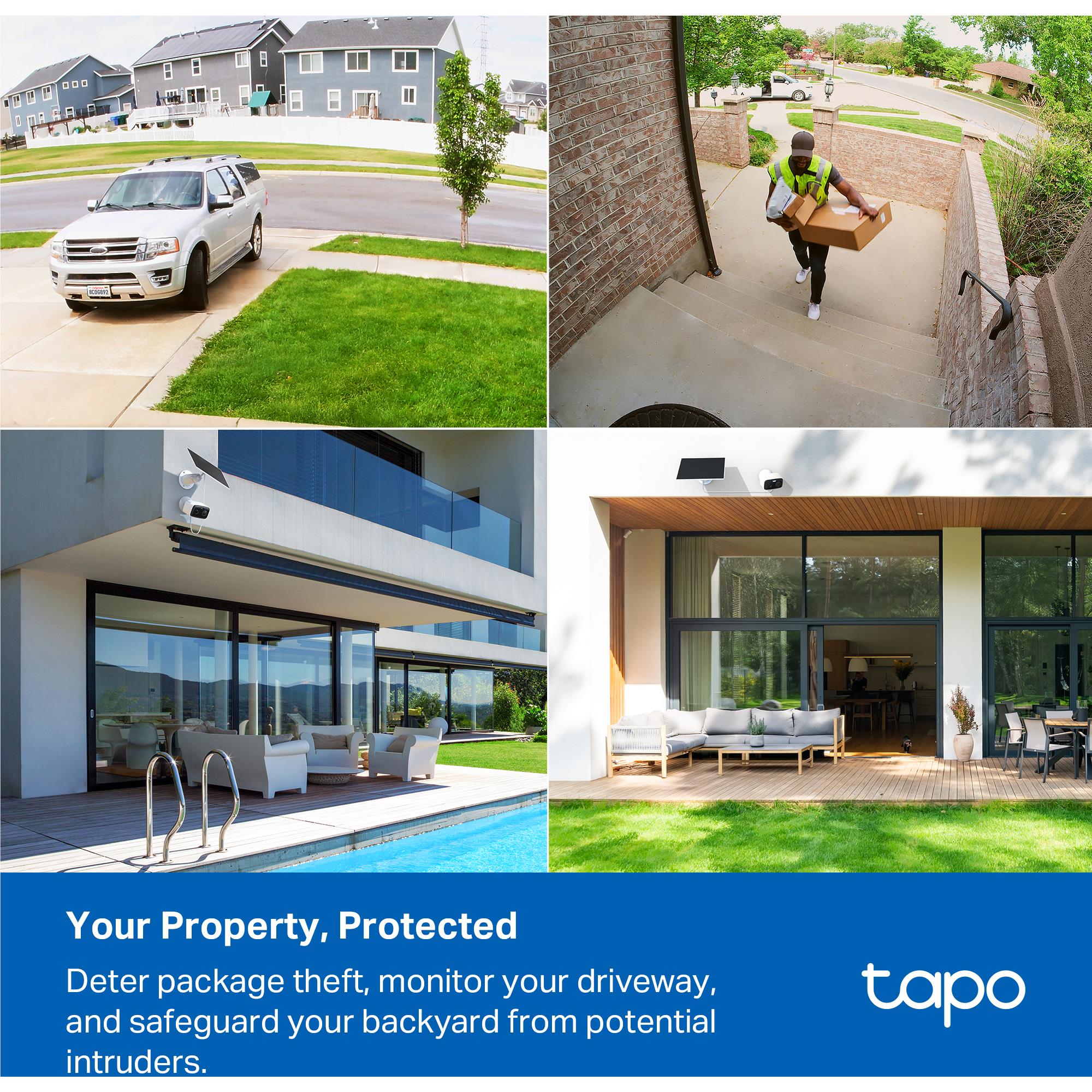 Solar-powered security camera shown around a home exterior in multiple angles