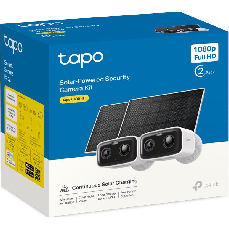 TP-Link Tapo solar-powered security camera kit box with two cameras and solar panel