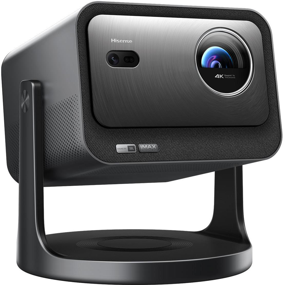 Black Hisense laser projector with front lens and circular 4K marking