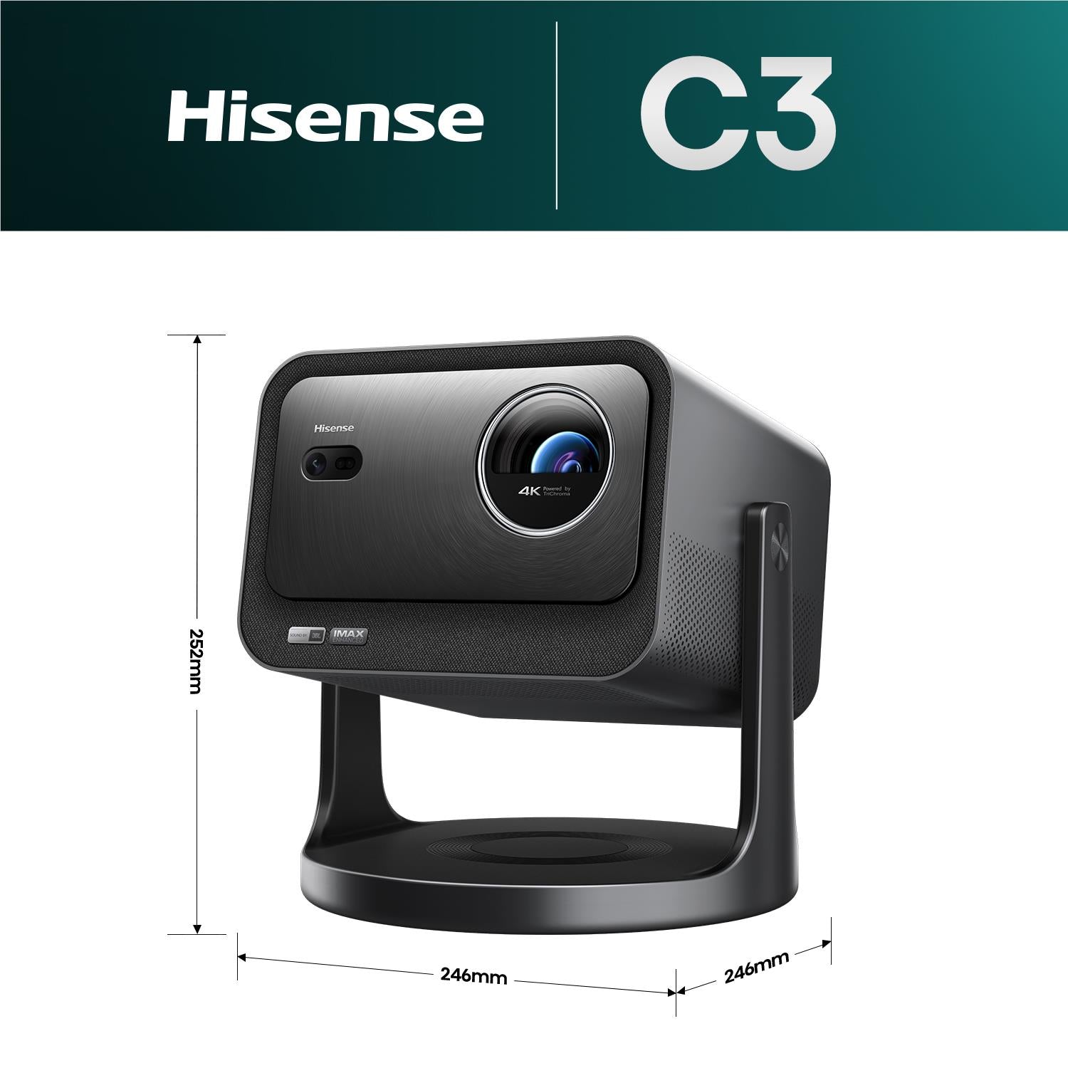 Black Hisense C3 laser projector front view with side handle and base