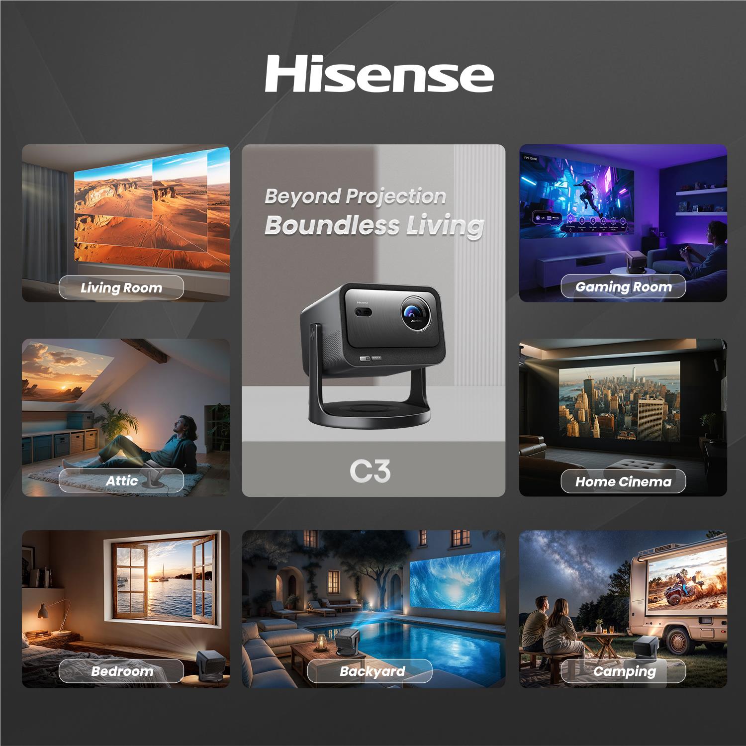 Hisense C3 laser projector lifestyle collage showing room use cases