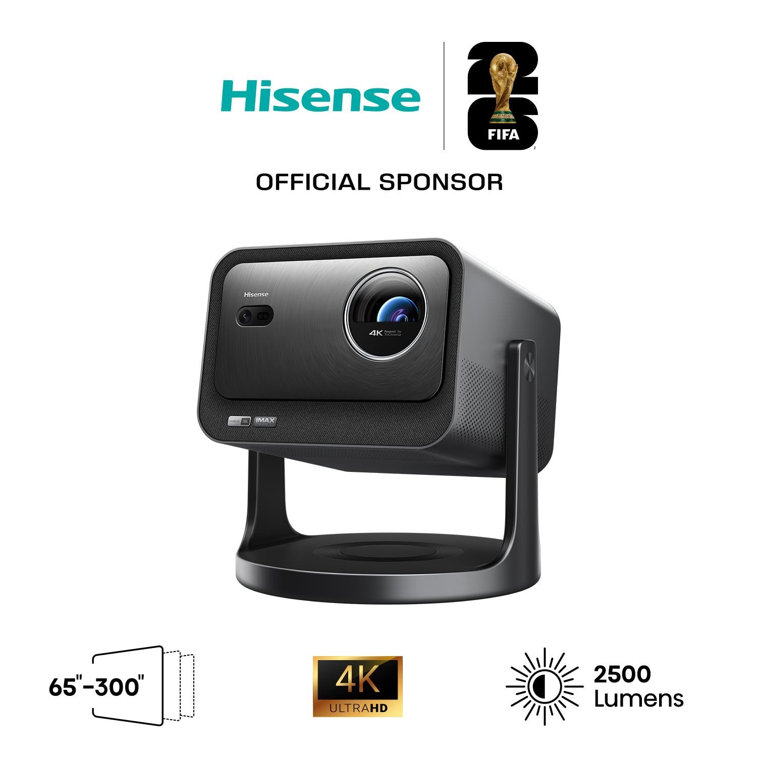 Black Hisense laser projector front view with 4K and 2500 lumens icons