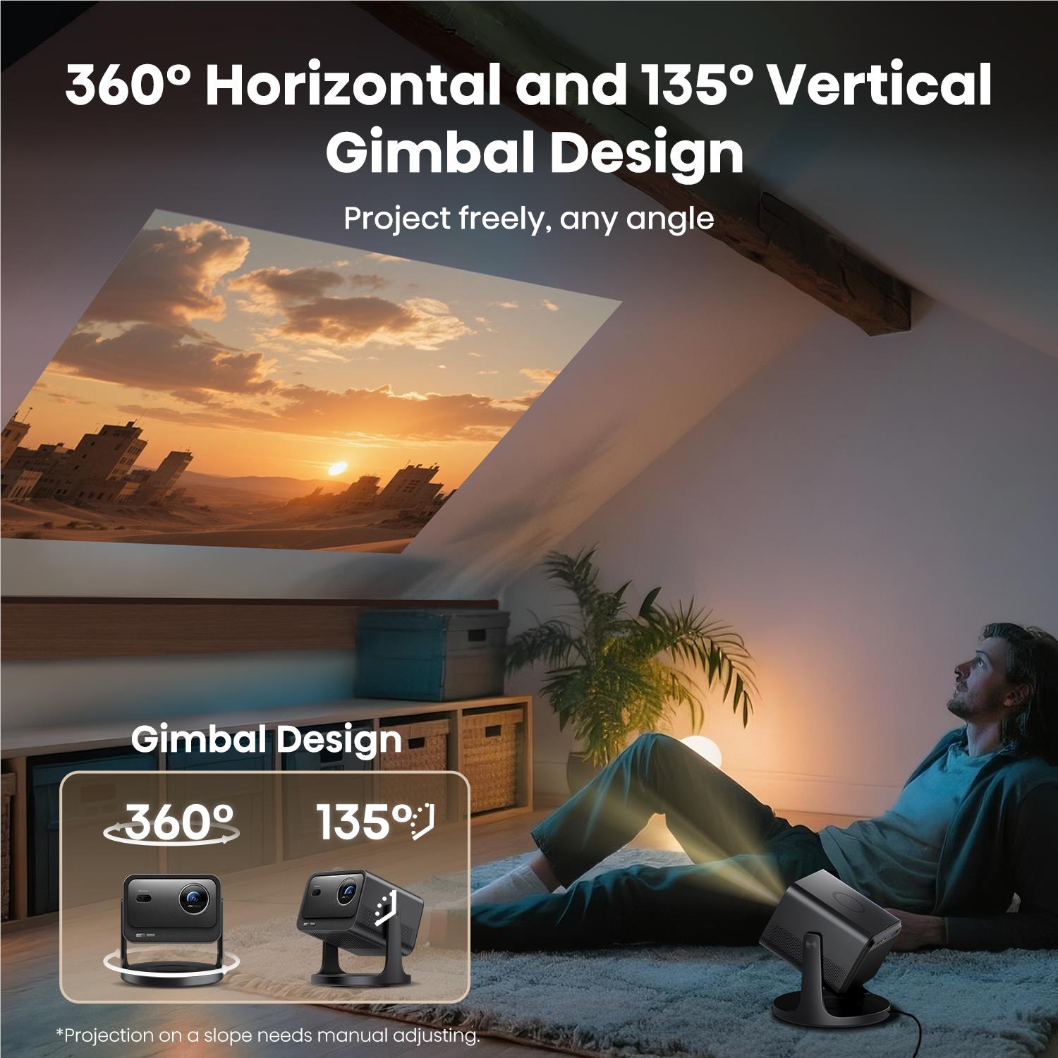 Gimbal design feature graphic for a laser projector with 360° and 135° angles