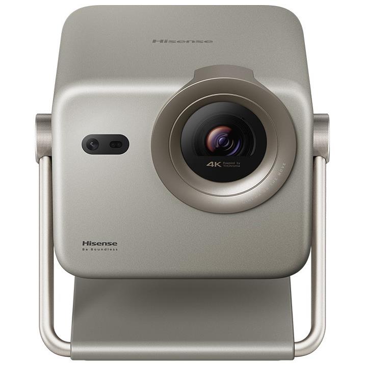 Silver laser mini projector with 4K lens and front control panel