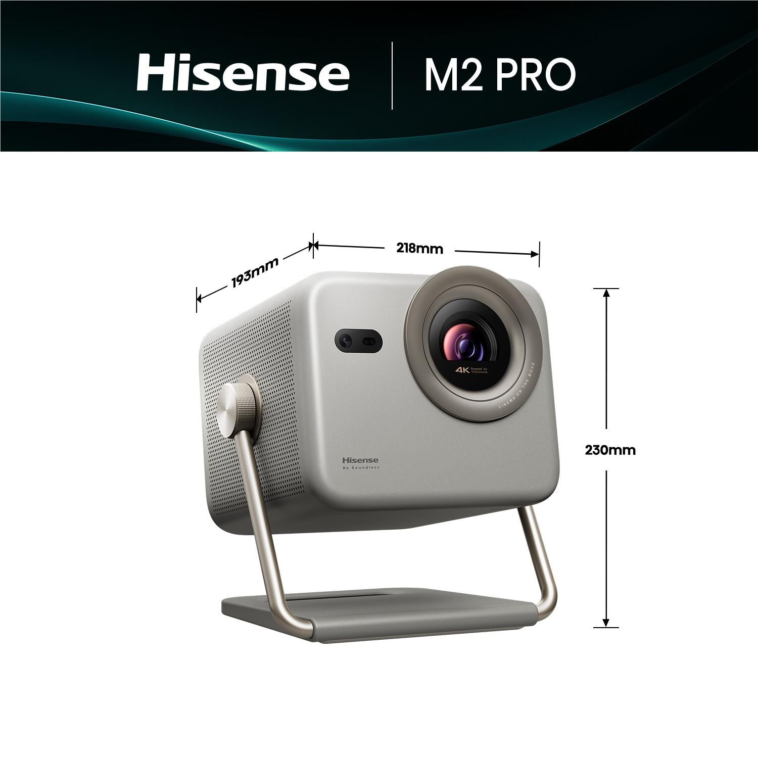 Silver mini laser projector viewed from the side with adjustable standing frame