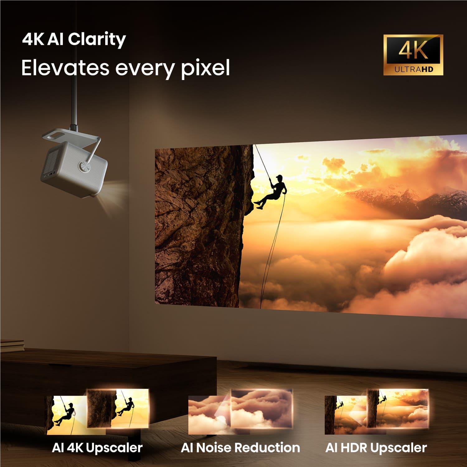 Compact mini projector on ceiling mount bracket projecting onto a screen