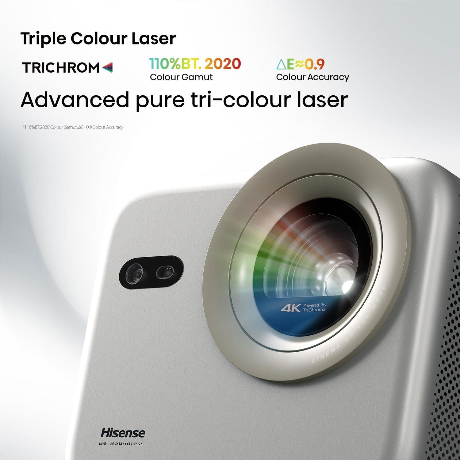 Light gray tri-color laser projector with front lens and dual side ports