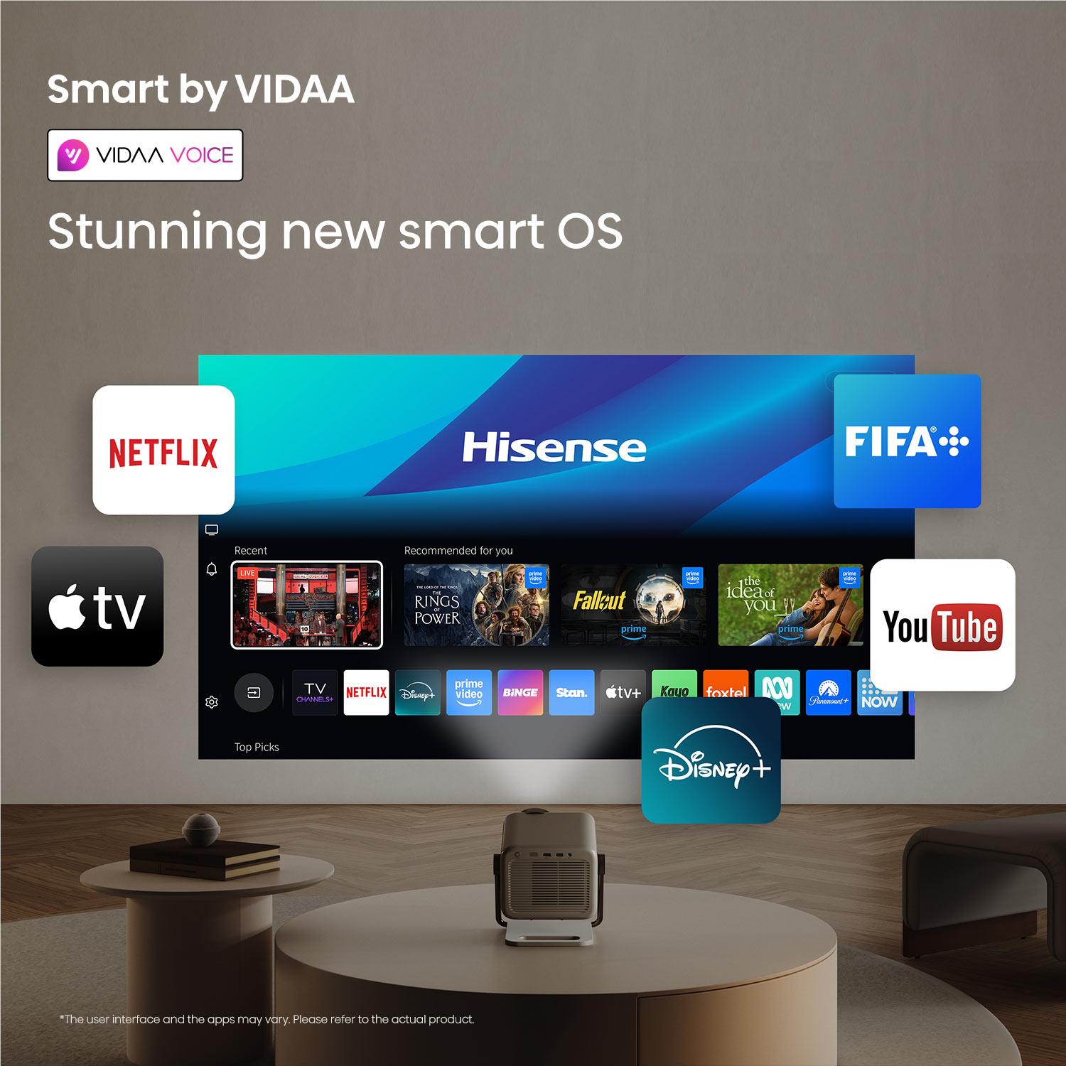 Mini projector on a table with an on-screen smart interface displayed