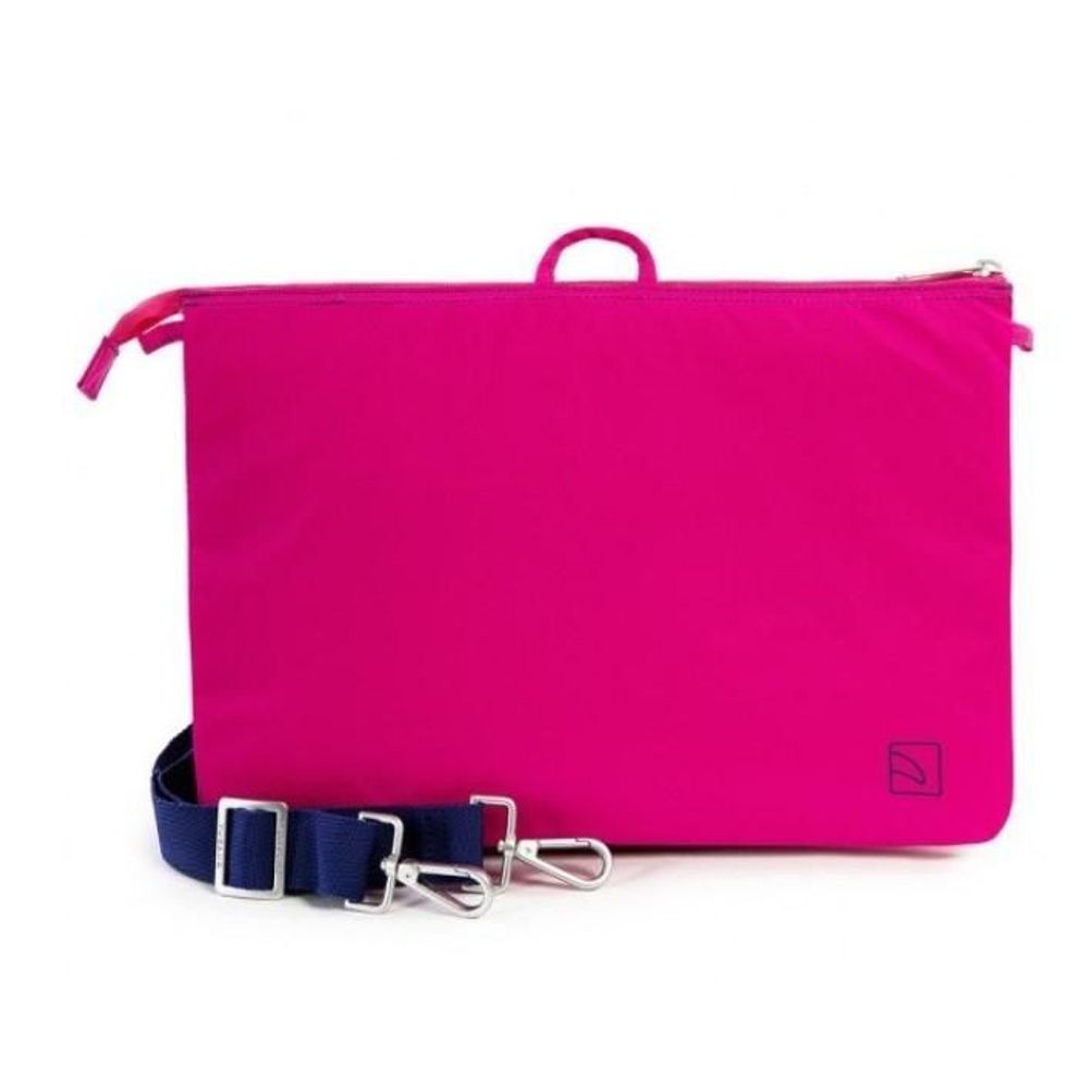Pink laptop shoulder bag with adjustable navy strap and metal D-rings