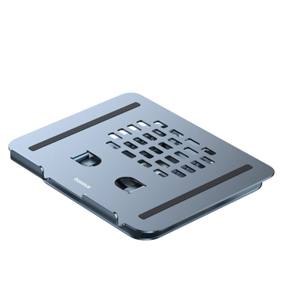 Space grey three-fold laptop stand with vented platform and side grip cutouts