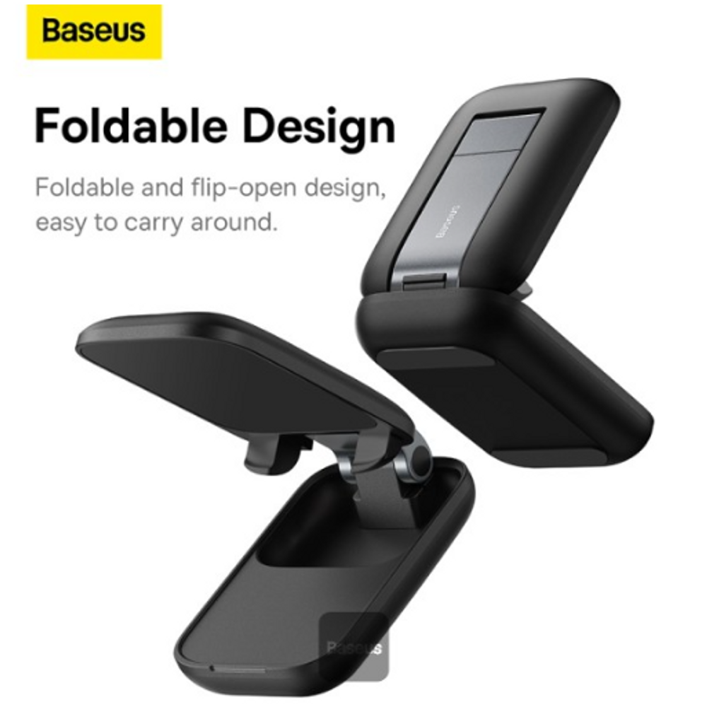 Black folding phone stand with flip-open design and extended base