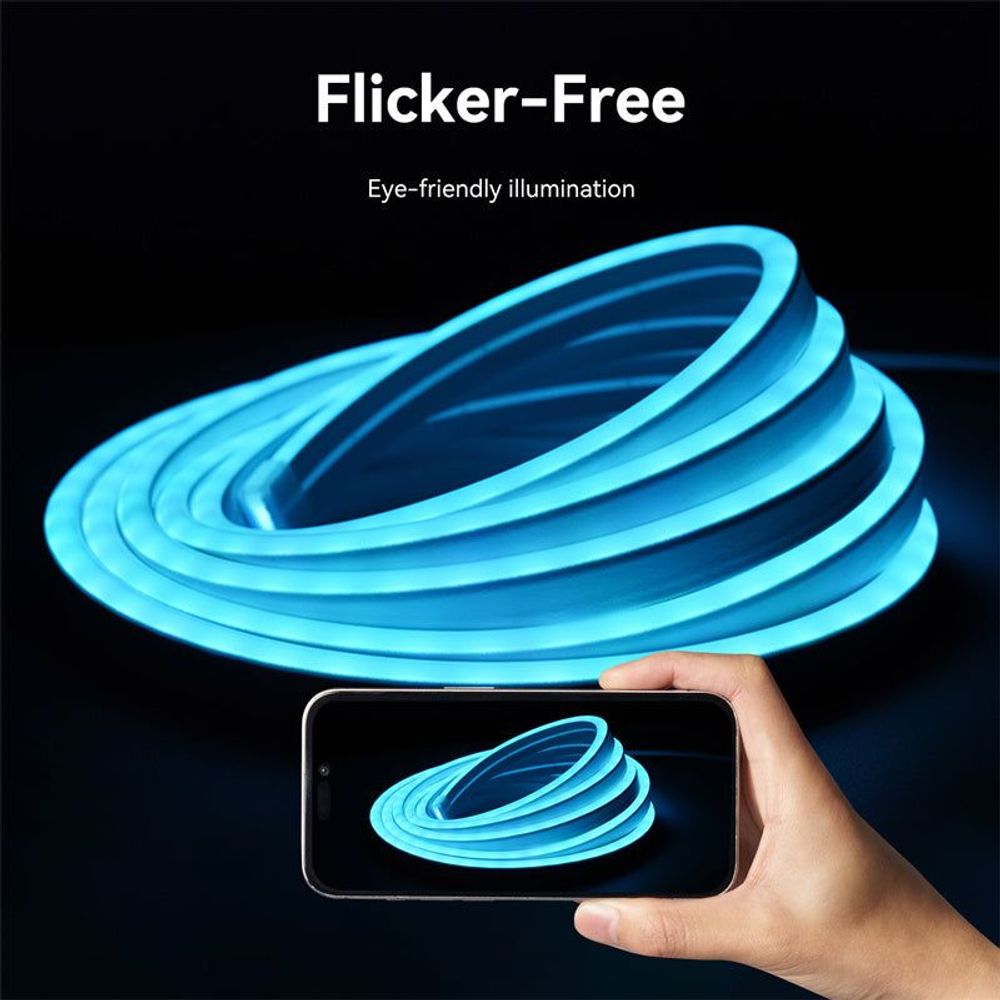 Silicone neon LED strip lights, blue glow coil with handheld phone remote.